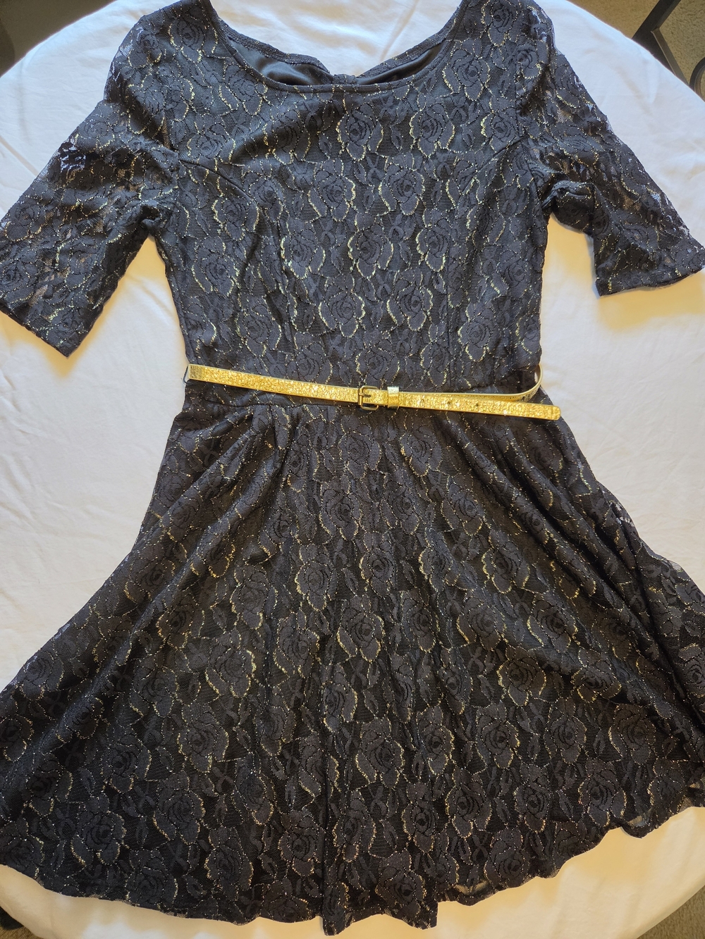 Black Lace Fit-and-Flare Dress with Gold Accent Belt